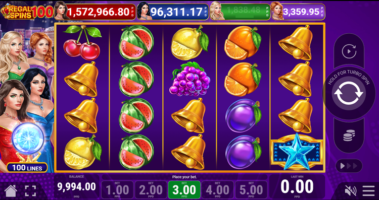 The 40 and 100 payline versions of the Regal Spins slot use an increased field size